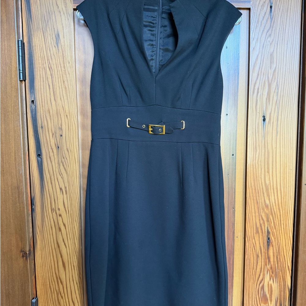 Trina Turk Black Midi Sheath Dress with Gold Buckle